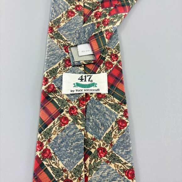 417 Van Heusen Red Plaid Floral Men's Extra Long Tie 4" x 62" - Picture 3 of 3